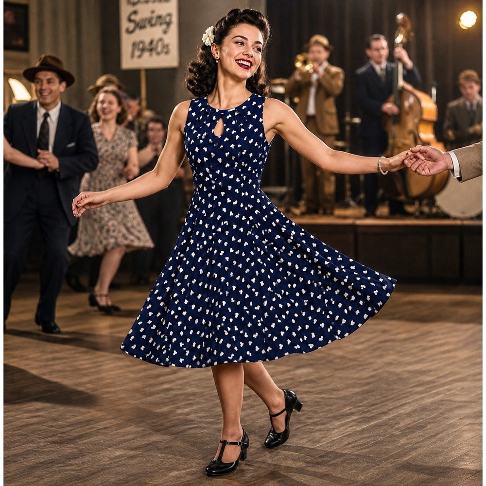 Dancing Days Navy Heart Print Fit Flare Dress Retro Swing Rockabilly L